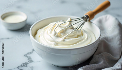 Creamy mixture in bowl, whisk blending smooth texture, culinary preparation, fresh dairy ingredient for desserts.