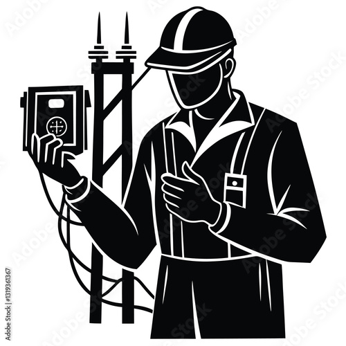 A pure black silhouette of an electrical engineer holding a multimeter while inspecting electrical equipment 