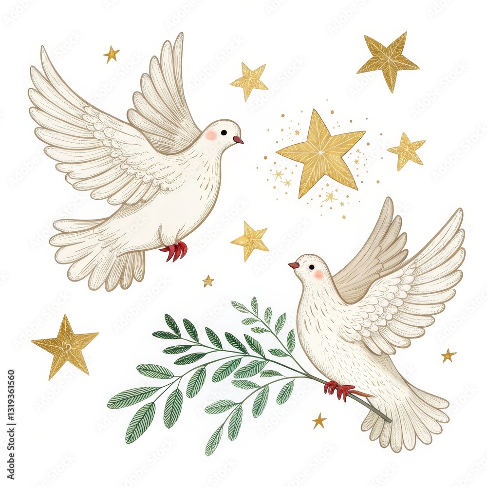 Fototapeta premium Two Doves with Olive Branch and Golden Stars, Peace , Celebration