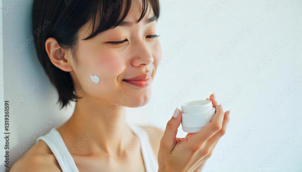 Woman applying moisturizer, skincare routine, fresh and glowing skin, daily beauty care. Woman applying moisturizer, skincare routine, fresh and glowing skin, daily beauty care.