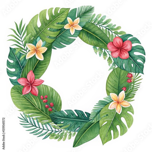 Tropical Wreath with Plumeria Flowers and Lush Green Leaves,Watercolor,Summer ,Botanical illustration