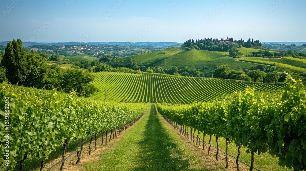 Naklejka premium Vineyard rows on green hills. Rural landscape with grape vines and trees. Summer view of countryside farm with blue sky. Growing fresh grapes.