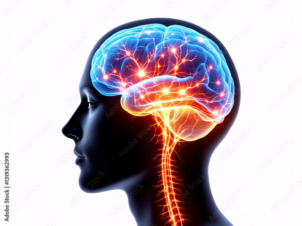 Obraz premium Glowing brain with neural connections and spinal cord, symbolizing cognitive activity and intelligence.