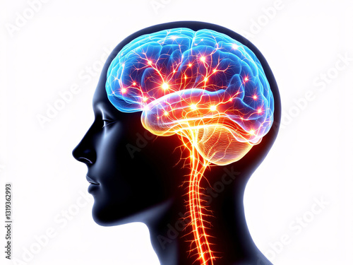 Glowing brain with neural connections and spinal cord, symbolizing cognitive activity and intelligence.