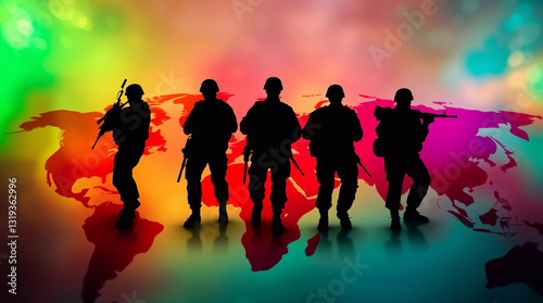 Dynamic digital sketch of silhouetted soldiers on a colorful world map, symbolizing global military presence. Loose painterly strokes, complementary epic colors, atmospheric perspective, rough texture