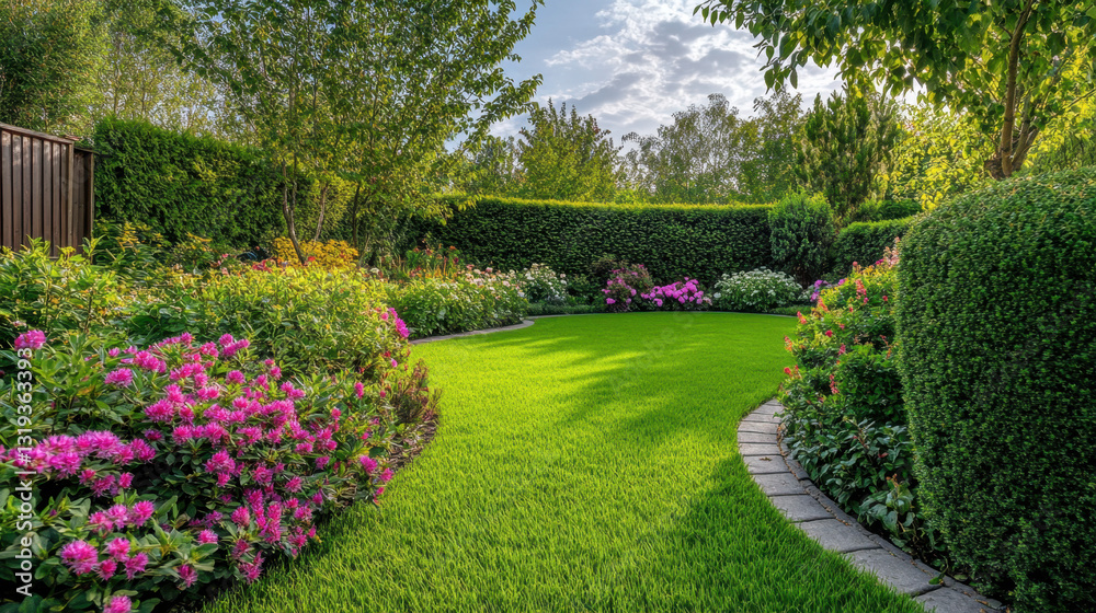 Obraz premium Lush green grass frames vibrant flower beds in a tranquil backyard garden filled with natural beauty and serenity