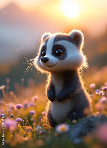 Cartoon Badger Standing in Flower Meadow During Golden Hour Sunlight