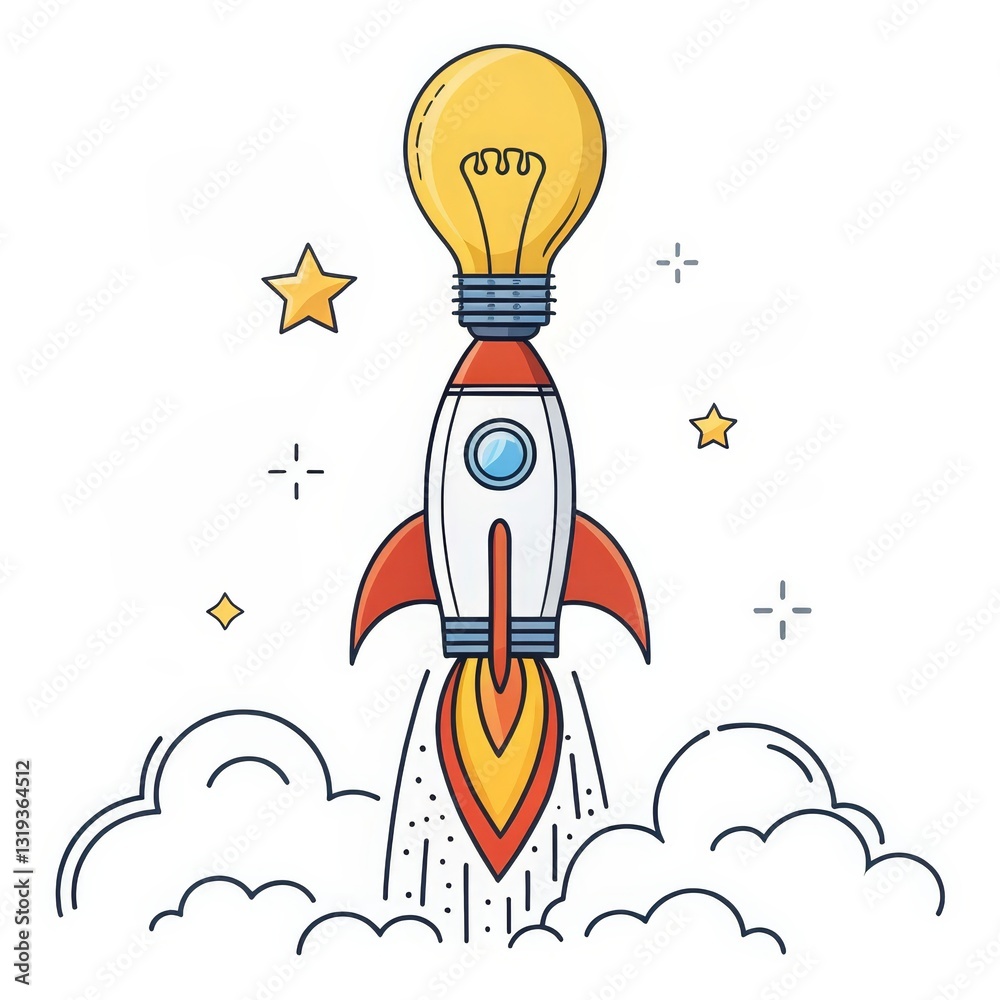 Lightbulb Rocket Launching Into Space Illustration, innovation, startup Lightbulb Rocket Launching Into Space Illustration, innovation, startup