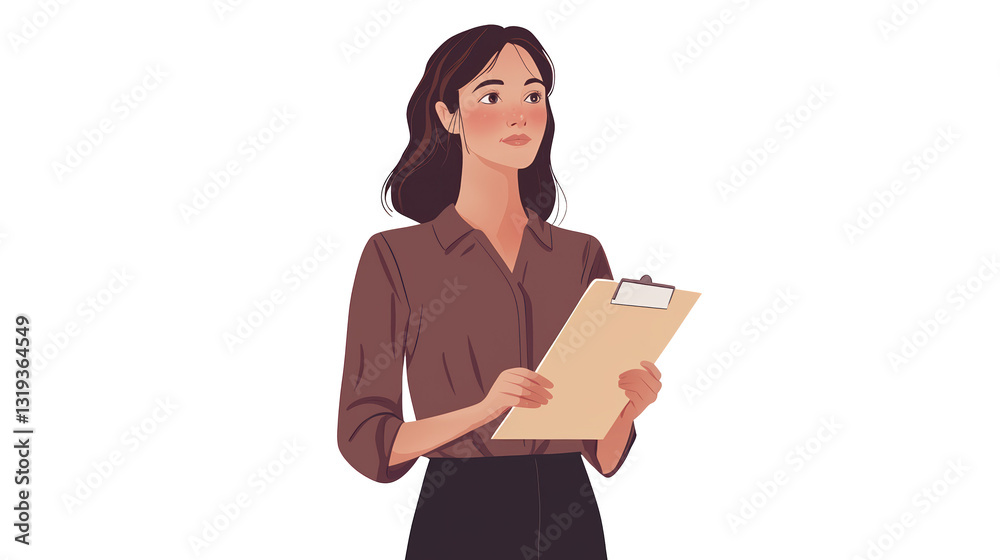 Thoughtful young woman holding a clipboard while considering important information, reflecting a professional and serious demeanor in a modern office environment Thoughtful young woman holding a clipboard while considering important information, reflecting a professional and serious demeanor in a modern office environment