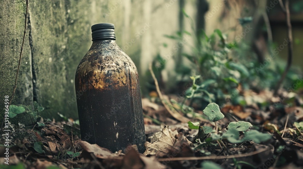 Weathered Bottle Among Leaves and Plants in Abandoned Setting Weathered Bottle Among Leaves and Plants in Abandoned Setting