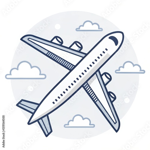 Line Art Airplane in Flight with Clouds ,Aviation, Travel