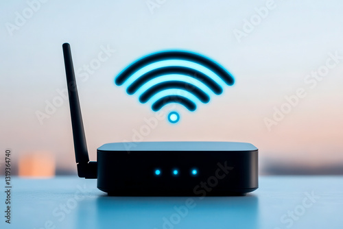 A modern Wi-Fi router with a visible signal icon, symbolizing connectivity and technology in a contemporary setting.