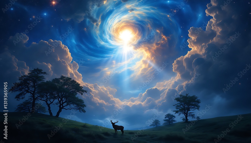 Obraz premium Stunning Celestial Landscape Deer Peaceful Night Sky Artwork