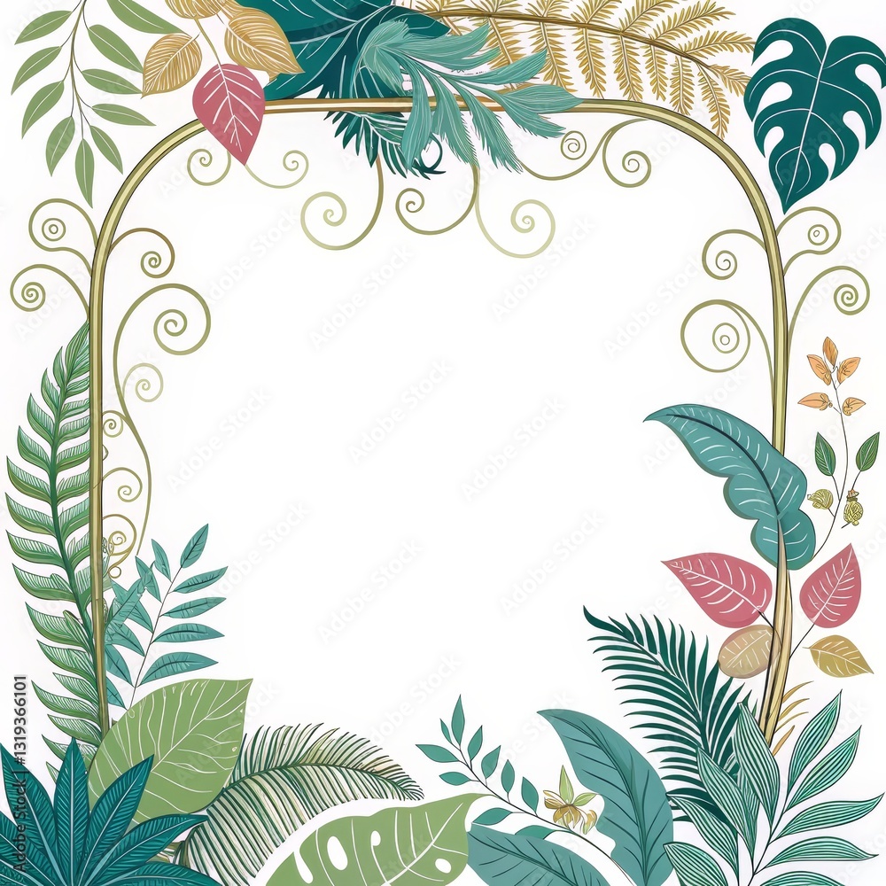 Fototapeta premium Floral Frame Illustration Tropical Leaves and Ornate Arch, greenery, foliage