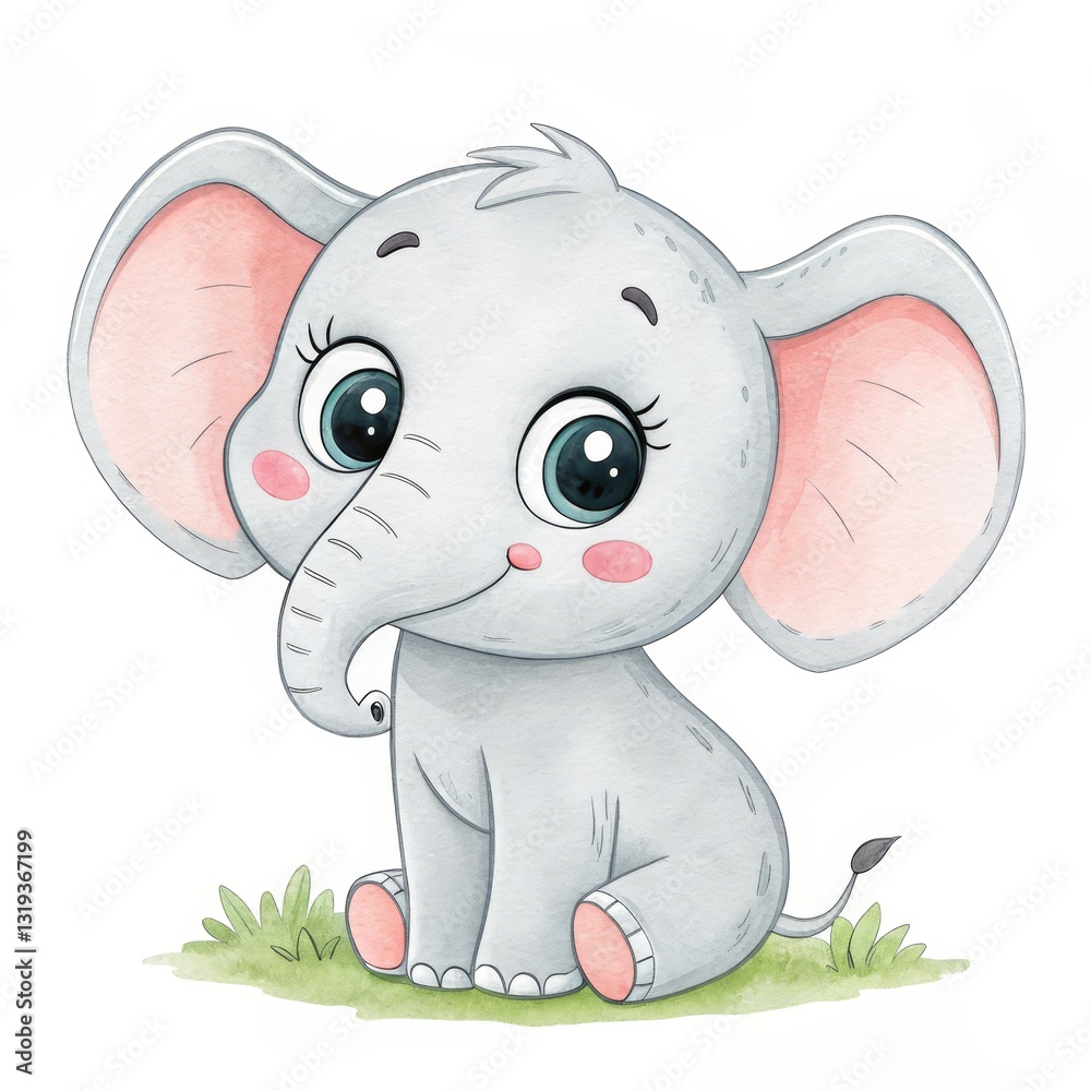 Fototapeta premium Cute Baby Elephant Watercolor Illustration Sitting on Grass, Animals , Cartoon