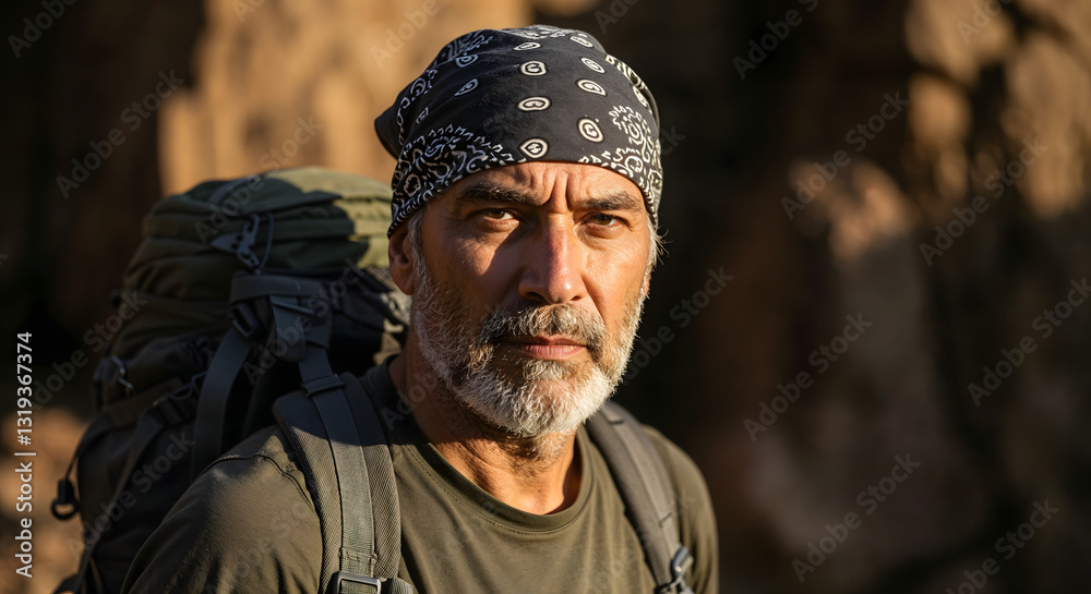Obraz premium Senior male hiker with backpack in rocky outdoor landscape