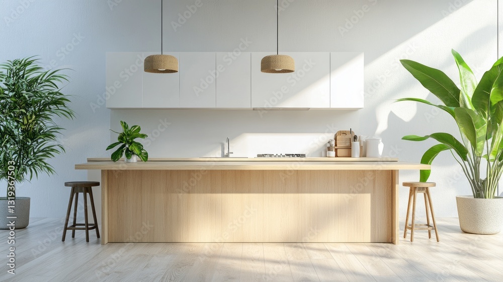 Fototapeta premium Morning light streams through a stylish kitchen, highlighting natural wooden accents and vibrant green plants. The space exudes tranquility and invites slow breakfasts and cozy gatherings