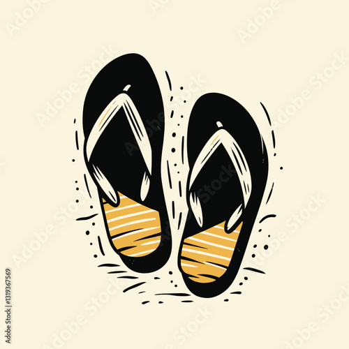 Stylish flip-flops illustration with black and yellow colors in minimalist design and copy space