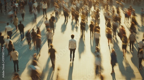 A large group of people passing by in one direction, all motion blurred, only one man sharp and standing in the opposite direction