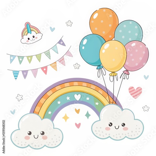 Cartoon Rainbow and Balloons with Clouds, Cute Art ,Illustration
