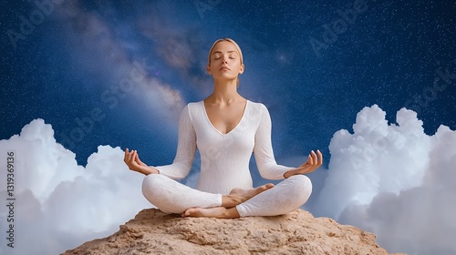 Woman Meditating on Rock Surrounded by Clouds Under Starry Night Sky