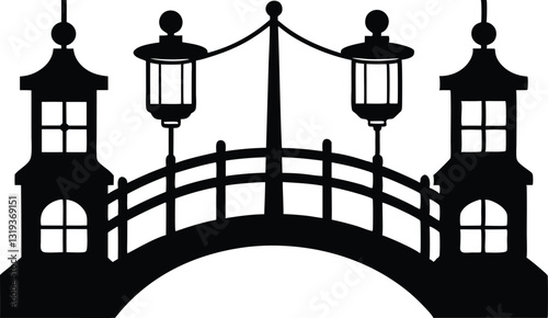 Bridge with lanterns black silhouette vector icon illustration