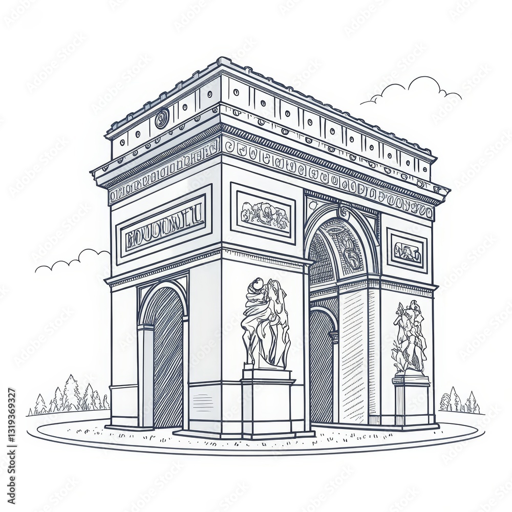 Fototapeta premium Arc de Triomphe Sketch Parisian Landmark with Line Art, France, Architecture