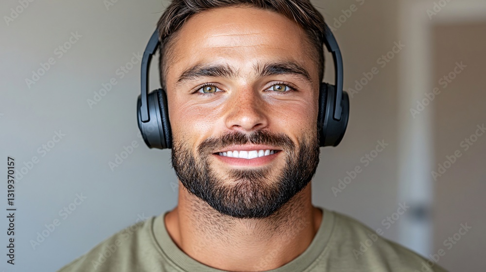 confident man with headphones smiling in modern space confident man with headphones smiling in modern space