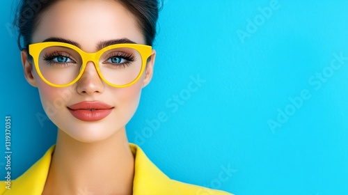 vibrant woman with stylish glasses against blue background © No PEOPLe