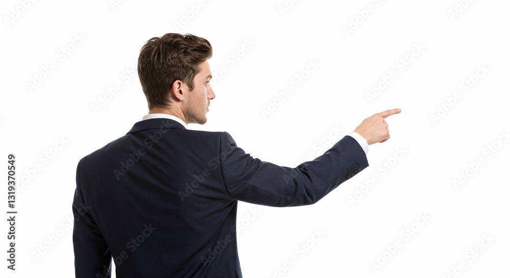 Businessman in Dark Suit Pointing Towards White Background Businessman in Dark Suit Pointing Towards White Background