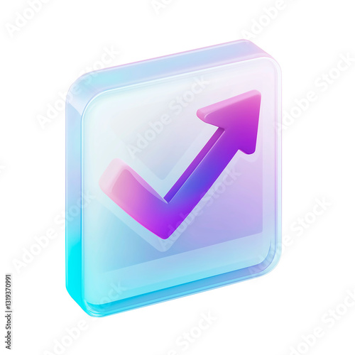 3d glass holographic icon growth chart. Rainbow crystal material with pink blueneon  gradient. 3D illustration on png