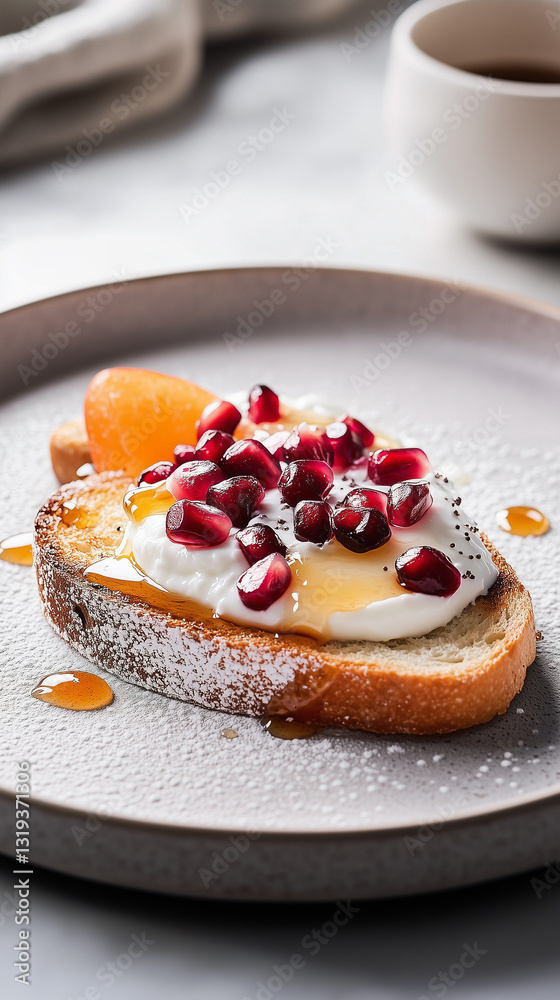 Toast with Greek yogurt, pomegranate seeds, and honey drizzle Toast with Greek yogurt, pomegranate seeds, and honey drizzle