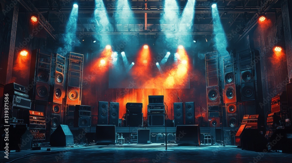 Modern Sound System Setup on Stage for Live Concert, Featuring Speakers and Audio Equipment