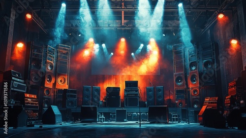 Obraz na płótnie Modern Sound System Setup on Stage for Live Concert, Featuring Speakers and Audio Equipment w salonie