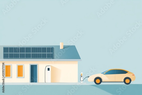 Eco-Friendly Home: A modern illustration shows a house powered by solar panels charging an electric vehicle.