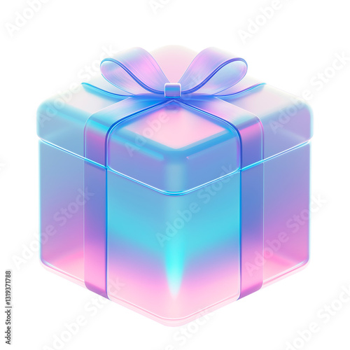 3d glass holographic icon gift. Rainbow crystal material with pink blueneon  gradient. 3D illustration on png