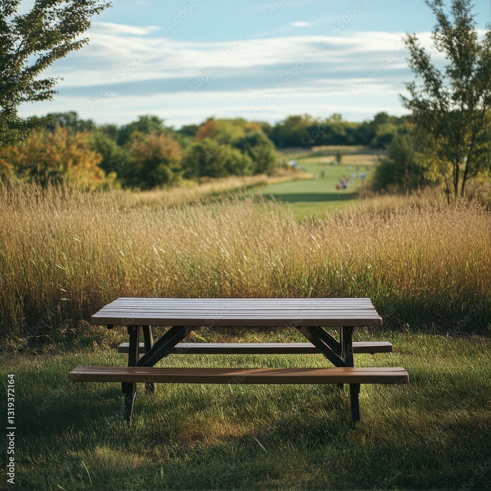 Rustic Picnic Table Amidst Verdant Field with Distant Figures Under a Bright Sky Landscape Scene