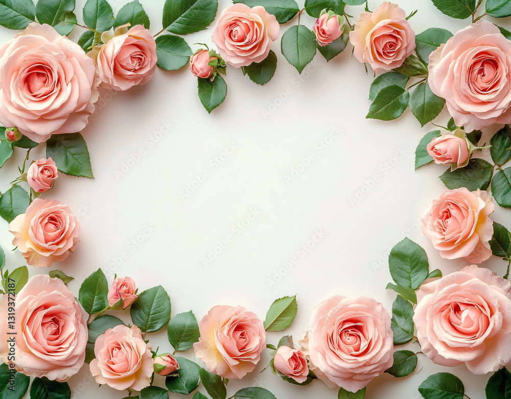 A delicate arrangement of blush pink roses and rosebuds on an off-white surface, ideal for creating elegant backgrounds for birthdays, Mother's Day, and Valentine's Day. A delicate arrangement of blush pink roses and rosebuds on an off-white surface, ideal for creating elegant backgrounds for birthdays, Mother's Day, and Valentine's Day.