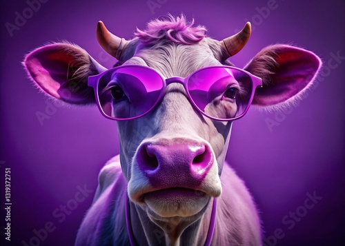 Close-up Portrait of Purple Cow with Sunglasses, Tilt-Shift Photography