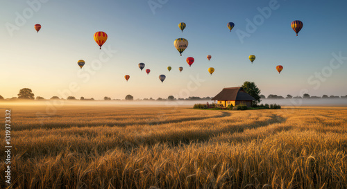 Sunrise Hot Air Balloons Over Rural Wheat Fields: A Vibrant Travel Adventure in Idyllic Countryside Scenery