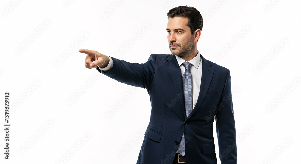 Confident Businessman in Navy Suit Pointing on White Background Confident Businessman in Navy Suit Pointing on White Background