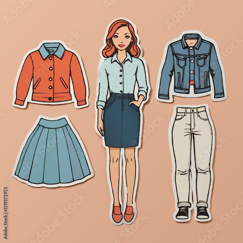 cartoon paper doll girl with modern fashion clothes, vector illustration