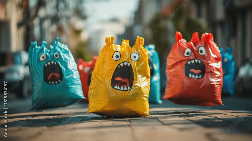 Obraz premium Screaming garbage bags running down the street