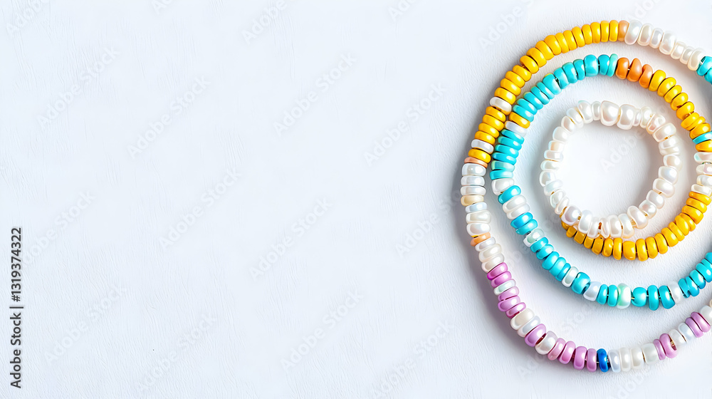 Colorful Beaded Necklaces And Bracelets Arranged In A Spiral Pattern On A Textured White Background With Copy Space Colorful Beaded Necklaces And Bracelets Arranged In A Spiral Pattern On A Textured White Background With Copy Space