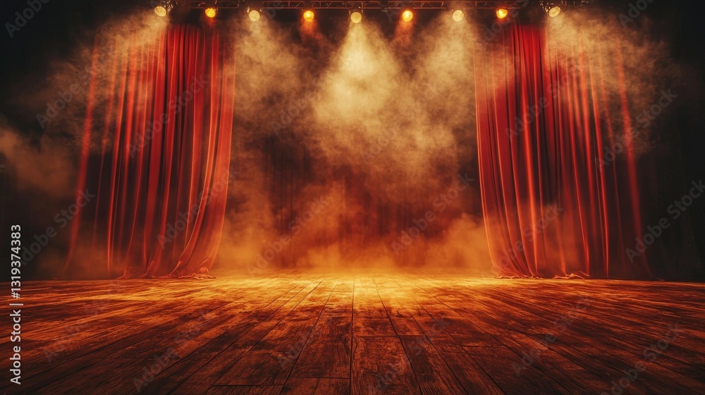Obraz premium Red Curtains Parting on a Smoky Stage with Spotlights Illuminating the Wooden Floor, Capturing Theatrical Atmosphere