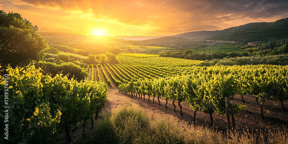Fototapeta premium Warm Mediterranean Vineyard Landscape Bathed in Golden Light for Wine Tourism, Agricultural Promotion, or Scenic Travel
