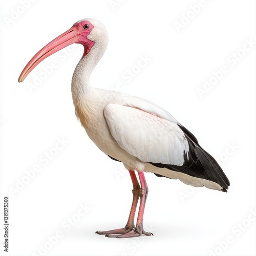 Graceful white ibis bird with pink beak standing proudly on a pure white background for captivating wildlife imagery