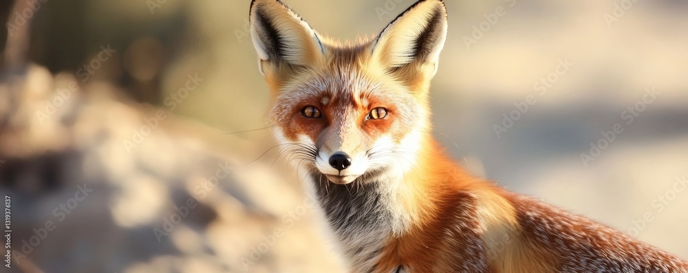 Fototapeta premium A beautiful fox with red fur stares directly towards the viewer