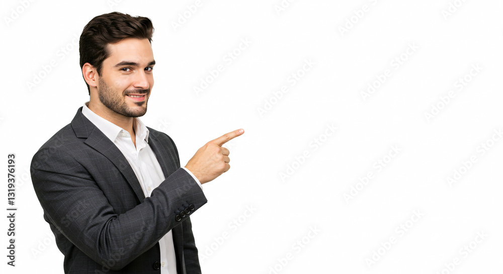 Confident Man in Suit Pointing on White Background Confident Man in Suit Pointing on White Background