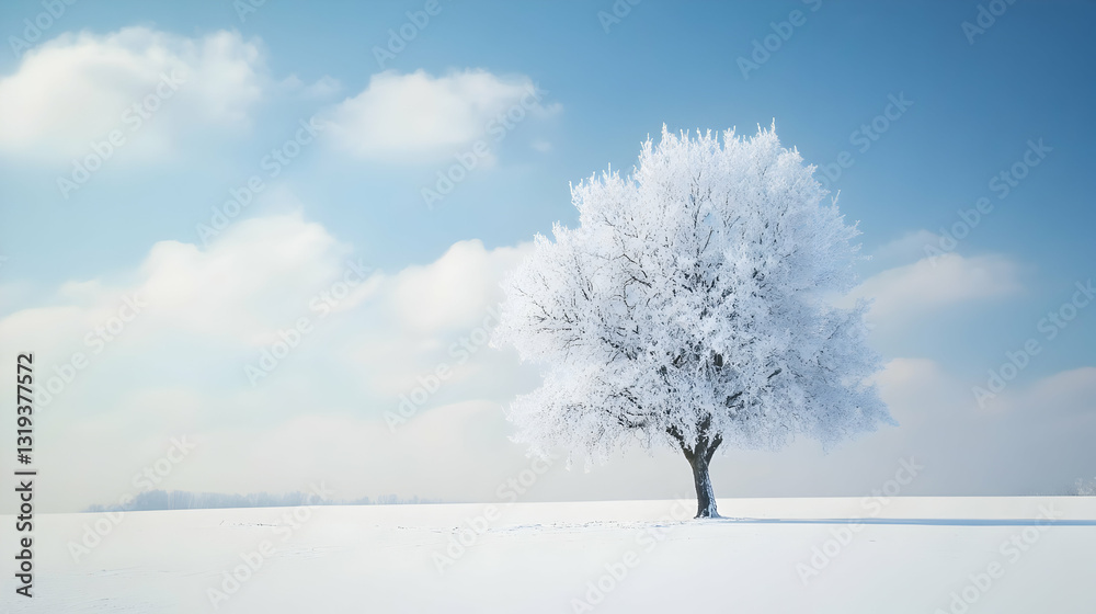 Serene winter scene of a solitary frosted tree under a pastel blue and fluffy cloud sky Serene winter scene of a solitary frosted tree under a pastel blue and fluffy cloud sky